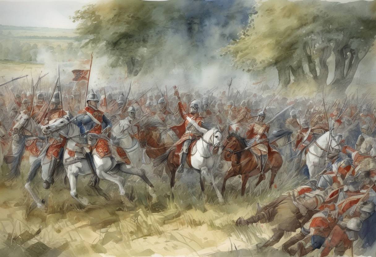 Watercolor painting based depiction of The Battle of Conquereuil takes place, where the forces of the Count of Anjou defeat the Bretons. (992)