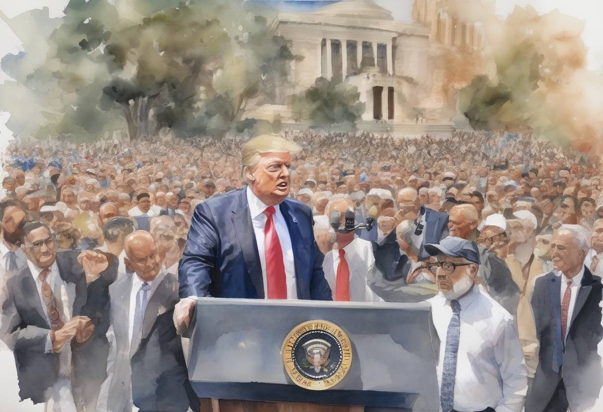 Watercolor painting based depiction of U.S. President Donald Trump unveiled the Middle East peace plan, known as the 'Deal of the Century,' which was met with mixed reactions and significant controversy. (2020)