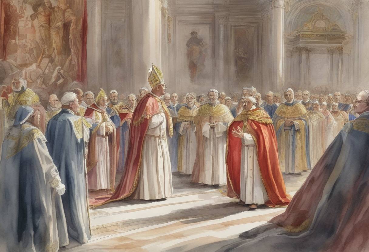 Watercolor painting based depiction of Pope John XII is deposed by a synod convened by Emperor Otto I, marking a significant event in the Investiture Controversy. (963)