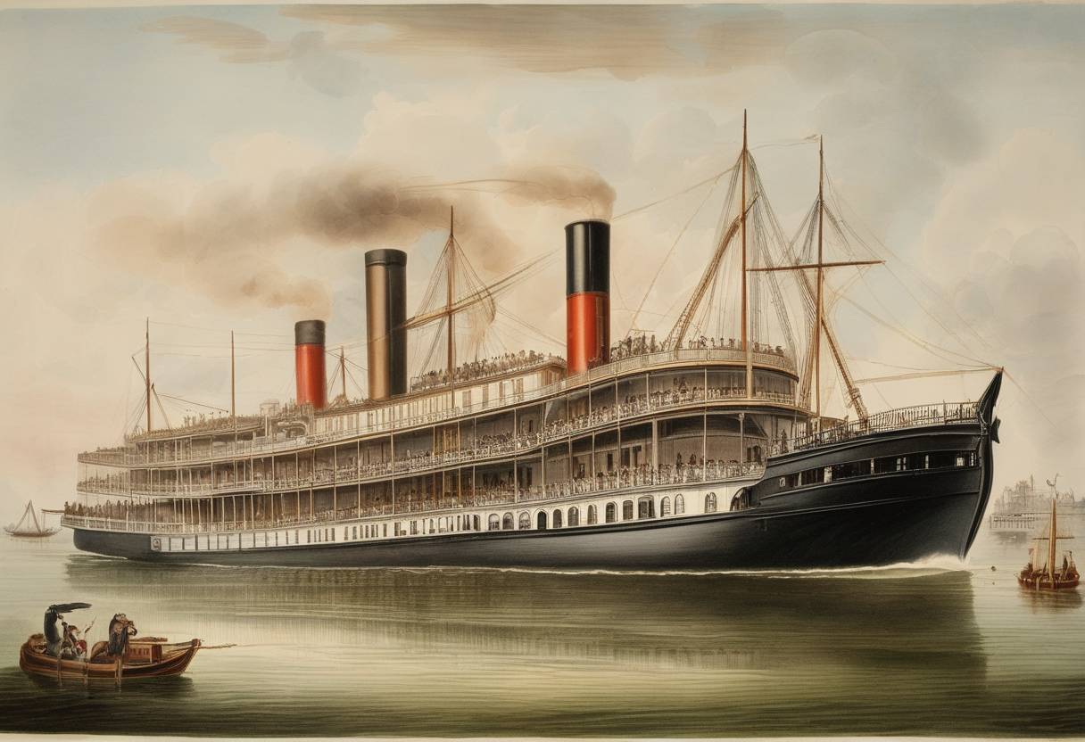 Watercolor painting based depiction of The first steamboat to make the journey from the Mississippi River to the Gulf of Mexico, the steamer "Princess," departed from New Orleans, marking a significant development in transportation. (1854)