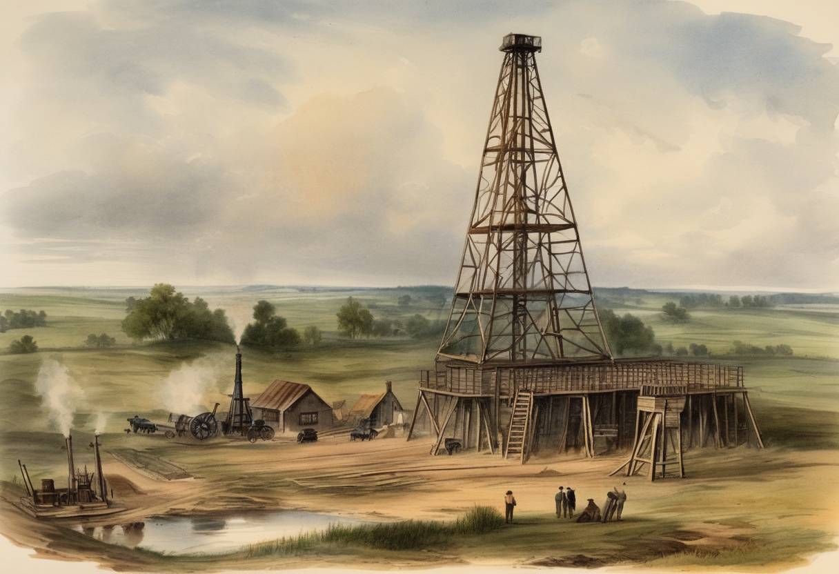 Watercolor painting based depiction of The first successful American oil well was drilled by Edwin Drake near Titusville, Pennsylvania, marking the beginning of the U.S. petroleum industry. (1859)