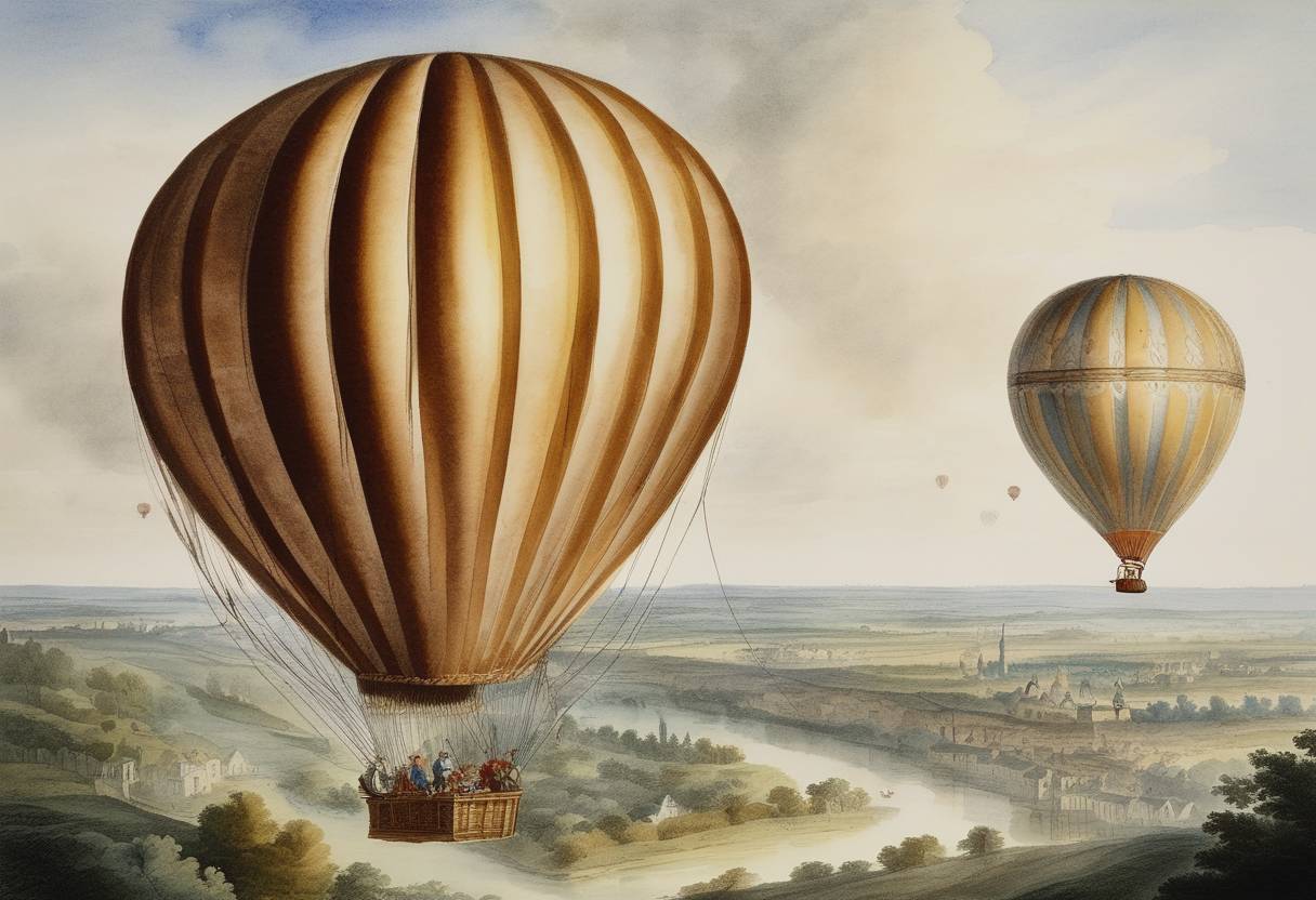 Watercolor painting based depiction of Jean-François Pilâtre de Rozier and François Laurent d'Arlandes made one of the first untethered manned flights in a hot air balloon, developed by the Montgolfier brothers, in Paris. (1783)