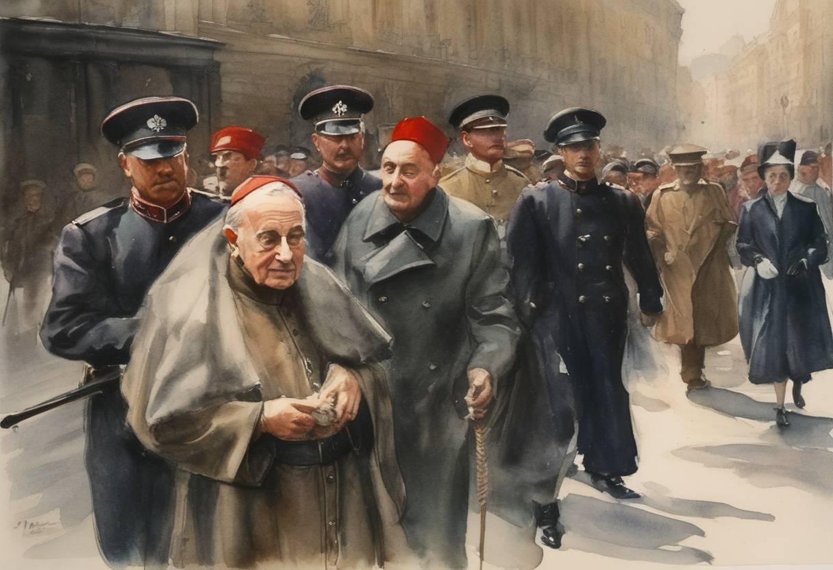 Watercolor painting based depiction of Cardinal József Mindszenty was arrested in Hungary and accused of treason and espionage. (1948)