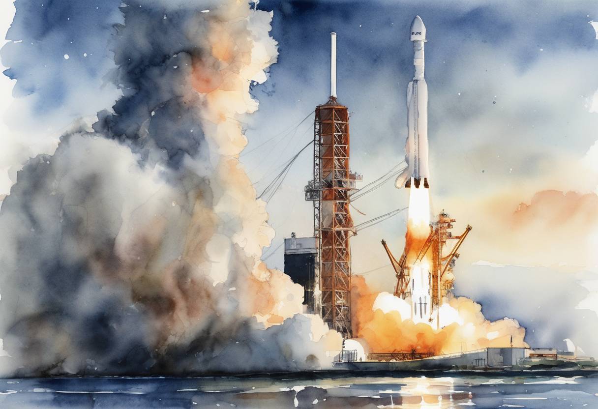 Watercolor painting based depiction of SpaceX launched its Falcon 9 rocket from Cape Canaveral, deploying a batch of 40 satellites for the OneWeb project, which aims to provide global broadband coverage. (2022)