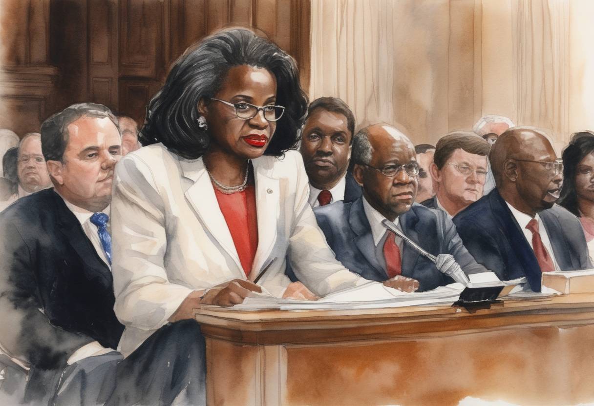Watercolor painting based depiction of The confirmation hearings for Supreme Court Justice nominee Clarence Thomas, marked by Anita Hill's testimony alleging sexual harassment, took place, causing a national debate on the topic. (1991)