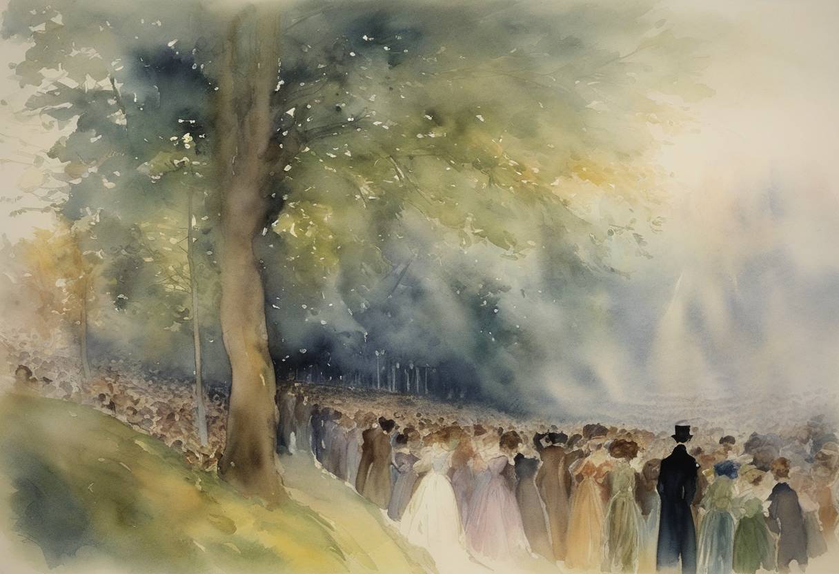 Watercolor painting based depiction of Gustav Mahler's Symphony No. 8, also known as the 'Symphony of a Thousand,' premiered in Munich. (1910)