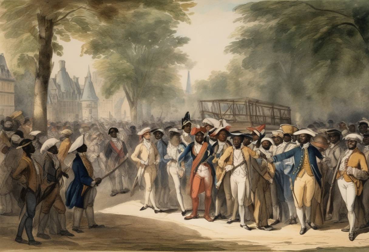 Watercolor painting based depiction of France passed a decree granting citizenship and equal civil rights to free people of color in French colonies. This was a significant move during the French Revolution, reflecting its ideals of liberty and equality, although it met with resistance in the colonies. (1791)