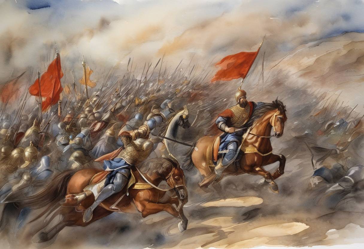 Watercolor painting based depiction of The Battle of Myriokephalon was fought between the Byzantine Empire, led by Emperor Manuel I Komnenos, and the Seljuk Turks of the Sultanate of Rum, under Kılıç Arslan II. (1167)