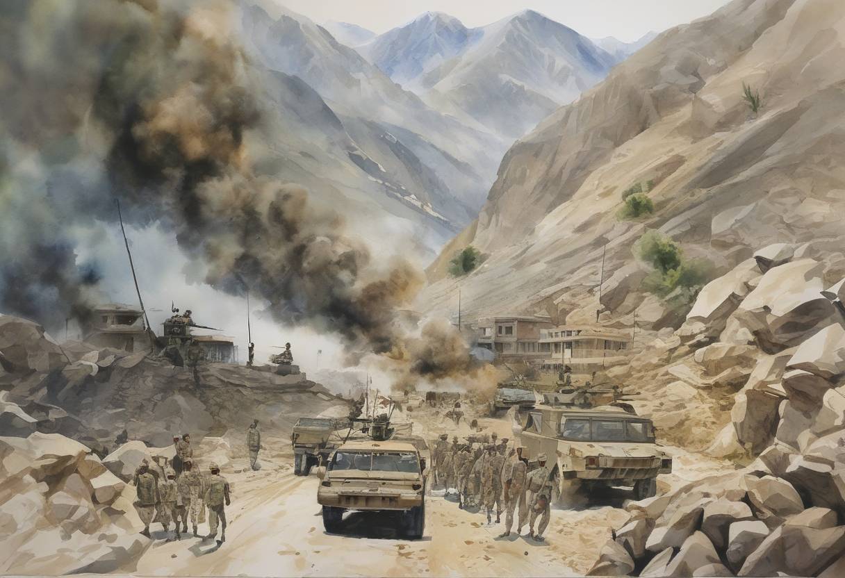 Watercolor painting based depiction of The War in North-West Pakistan continued with the Pakistani military launching an offensive against Taliban militants in the Swat Valley. (2009)