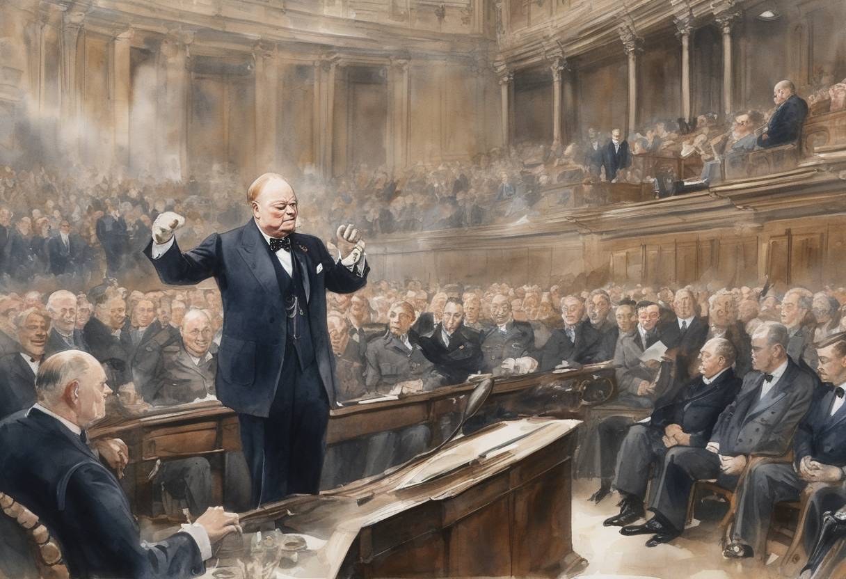 Watercolor painting based depiction of Winston Churchill delivers his famous 'We shall fight on the beaches' speech to the House of Commons, rallying British resolve during World War II. (1940)