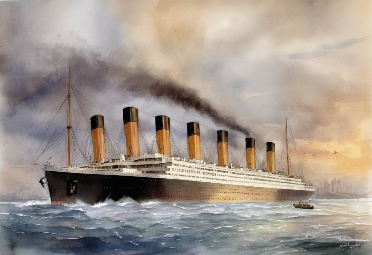 Watercolor painting based depiction of The RMS Titanic set sail on its maiden voyage from Southampton, England, heading towards New York City. (1912)