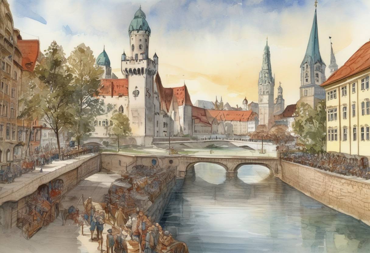 Watercolor painting based depiction of Munich is founded by Henry the Lion on the banks of the river Isar. (1158)