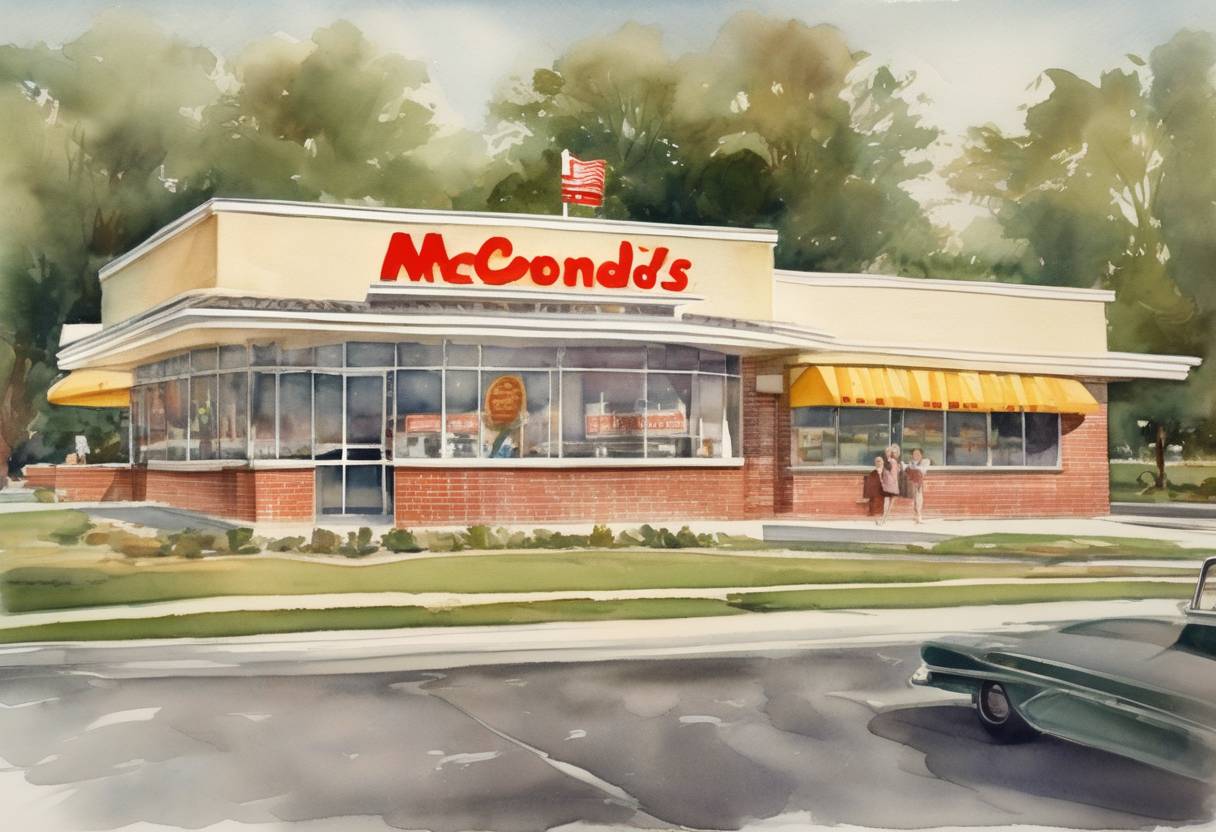 Watercolor painting based depiction of The first McDonald's franchise opened by Ray Kroc in Des Plaines, Illinois, marking the beginning of the global fast-food chain. (1955)