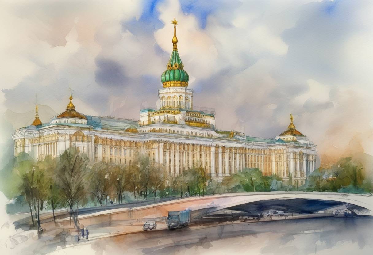 Watercolor painting based depiction of Russia's parliament approved the use of military force in Ukraine, leading to the annexation of Crimea. (2014)