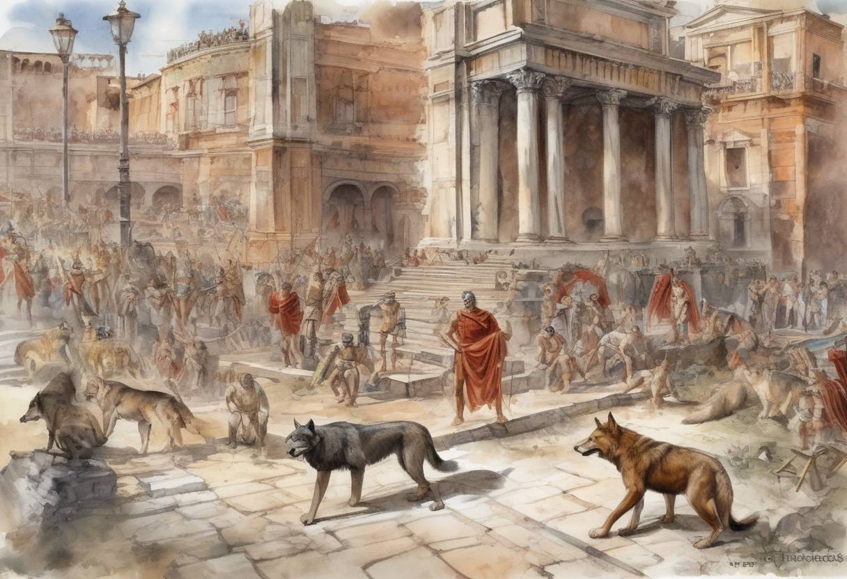 Watercolor painting based depiction of According to legend, Rome was founded by Romulus and Remus on this day. The myth states that the twin brothers, who were raised by a she-wolf, decided to build a city. After a disagreement, Romulus killed Remus and named the city after himself. (753)