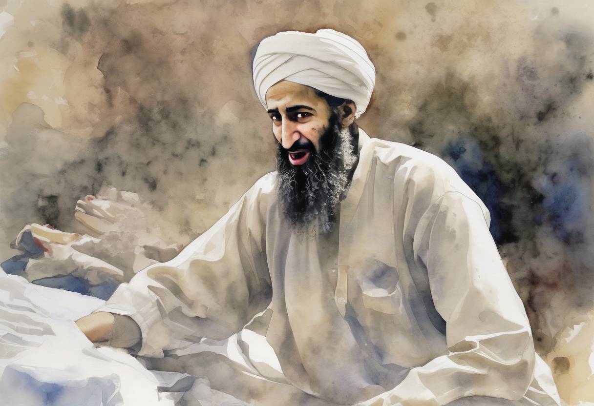 Watercolor painting based depiction of Osama bin Laden, the founder of the militant Islamist group al-Qaeda, was killed by United States Navy SEALs in Abbottabad, Pakistan, during a covert operation ordered by U.S. President Barack Obama. (2011)