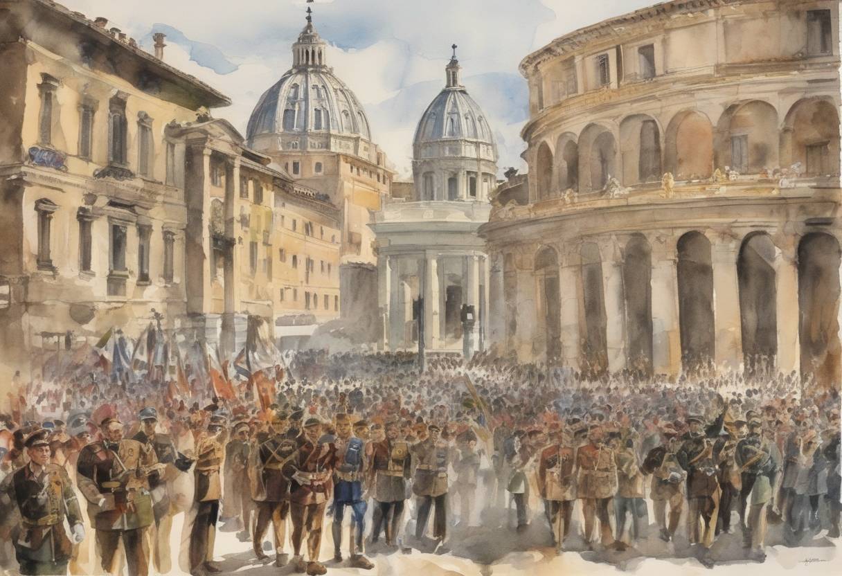 Watercolor painting based depiction of Benito Mussolini announced he would take dictatorial powers over Italy. (1925)