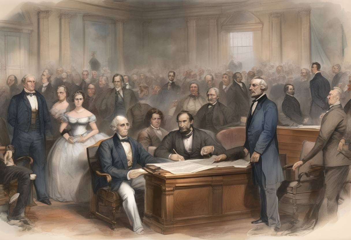 Watercolor painting based depiction of The United States Congress passes the Thirteenth Amendment to the Constitution, abolishing slavery in the United States. (1865)