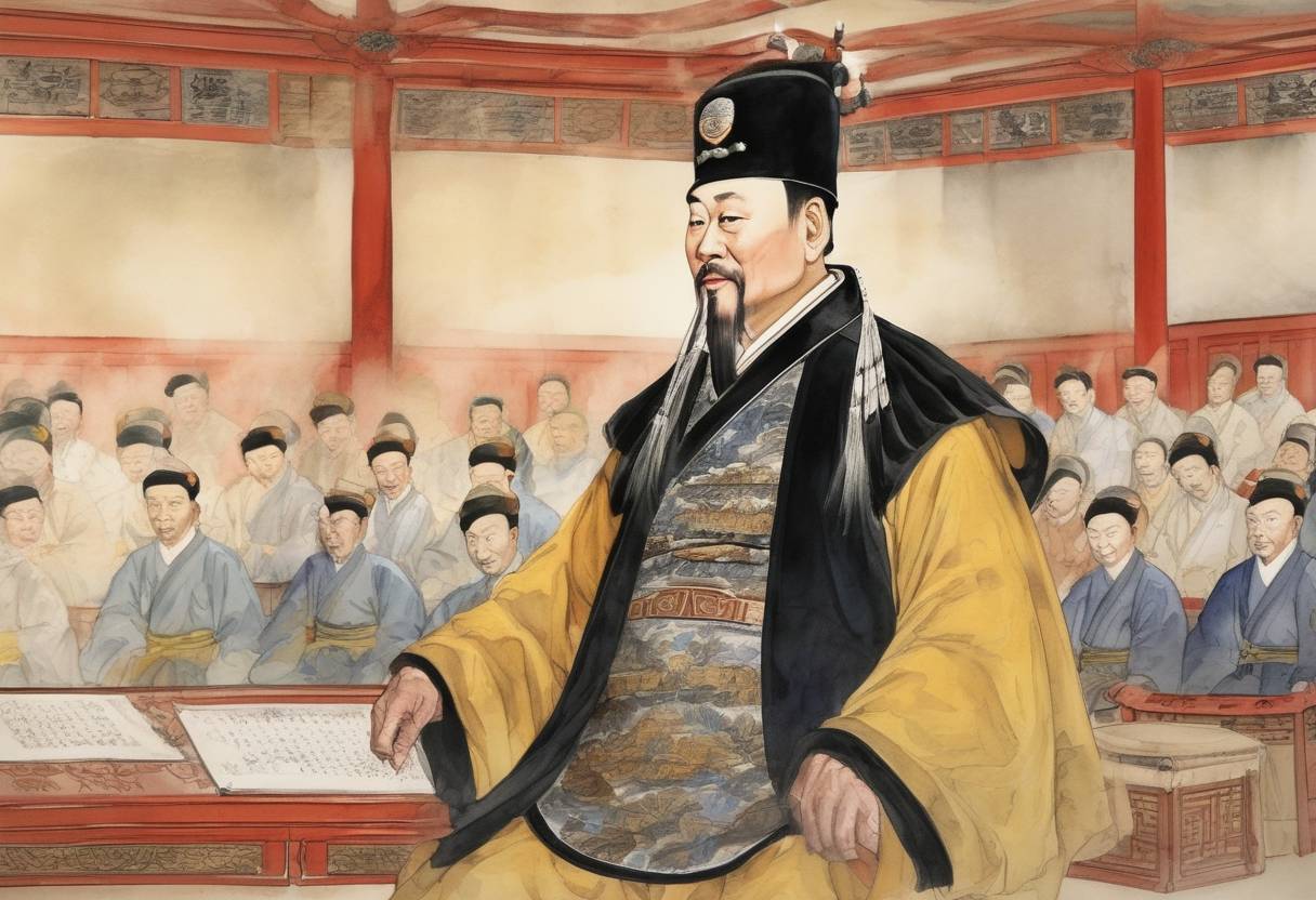 Watercolor painting based depiction of Guo Wei, a military general, declares himself emperor and establishes the Later Zhou dynasty in China. (951)