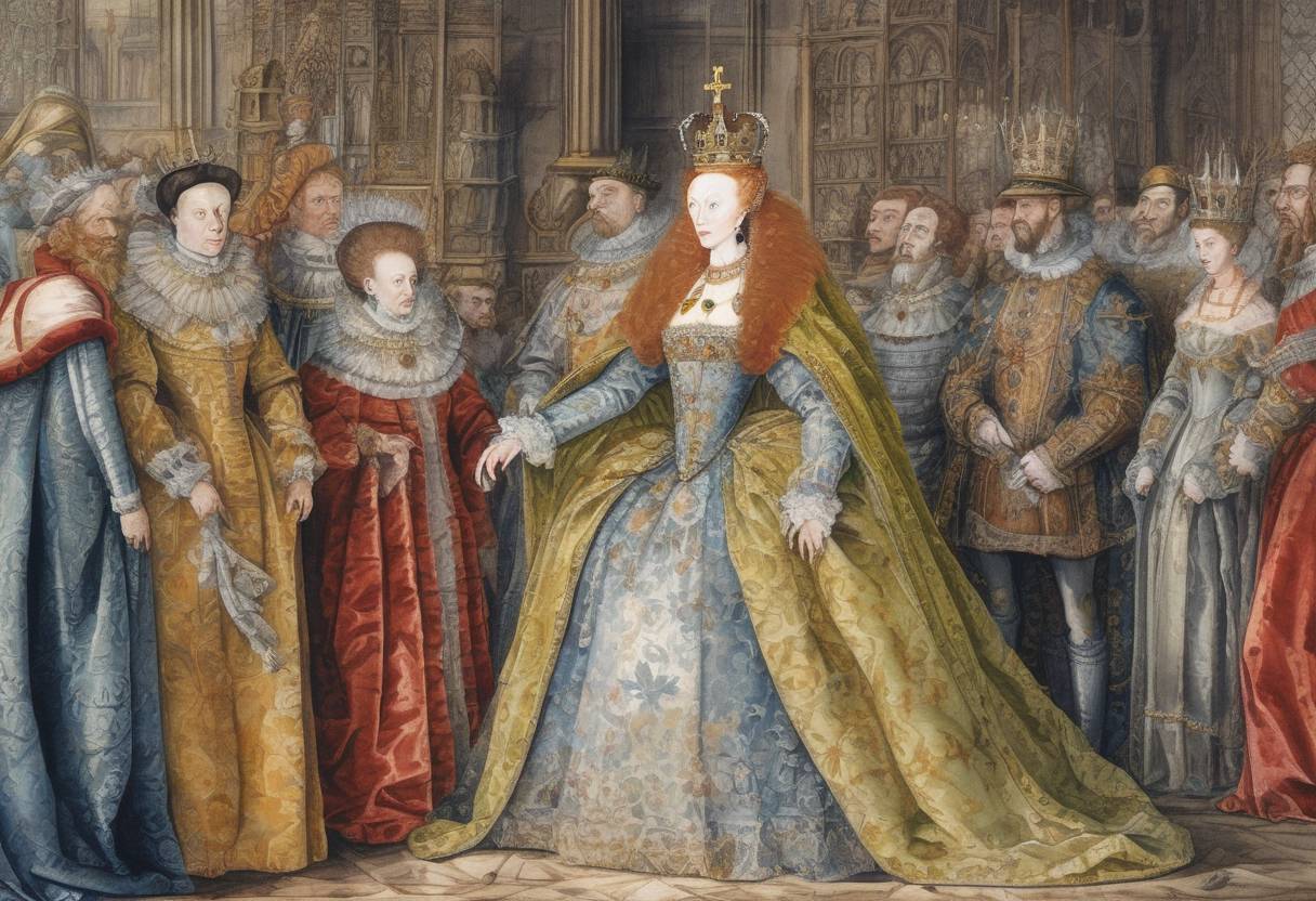 Watercolor painting based depiction of Elizabeth I was crowned Queen of England at Westminster Abbey. (1559)