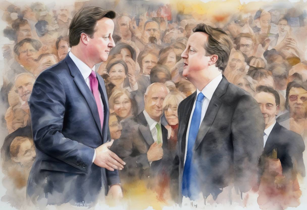 Watercolor painting based depiction of David Cameron became the Prime Minister of the United Kingdom, leading a coalition government with the Liberal Democrats. (2010)