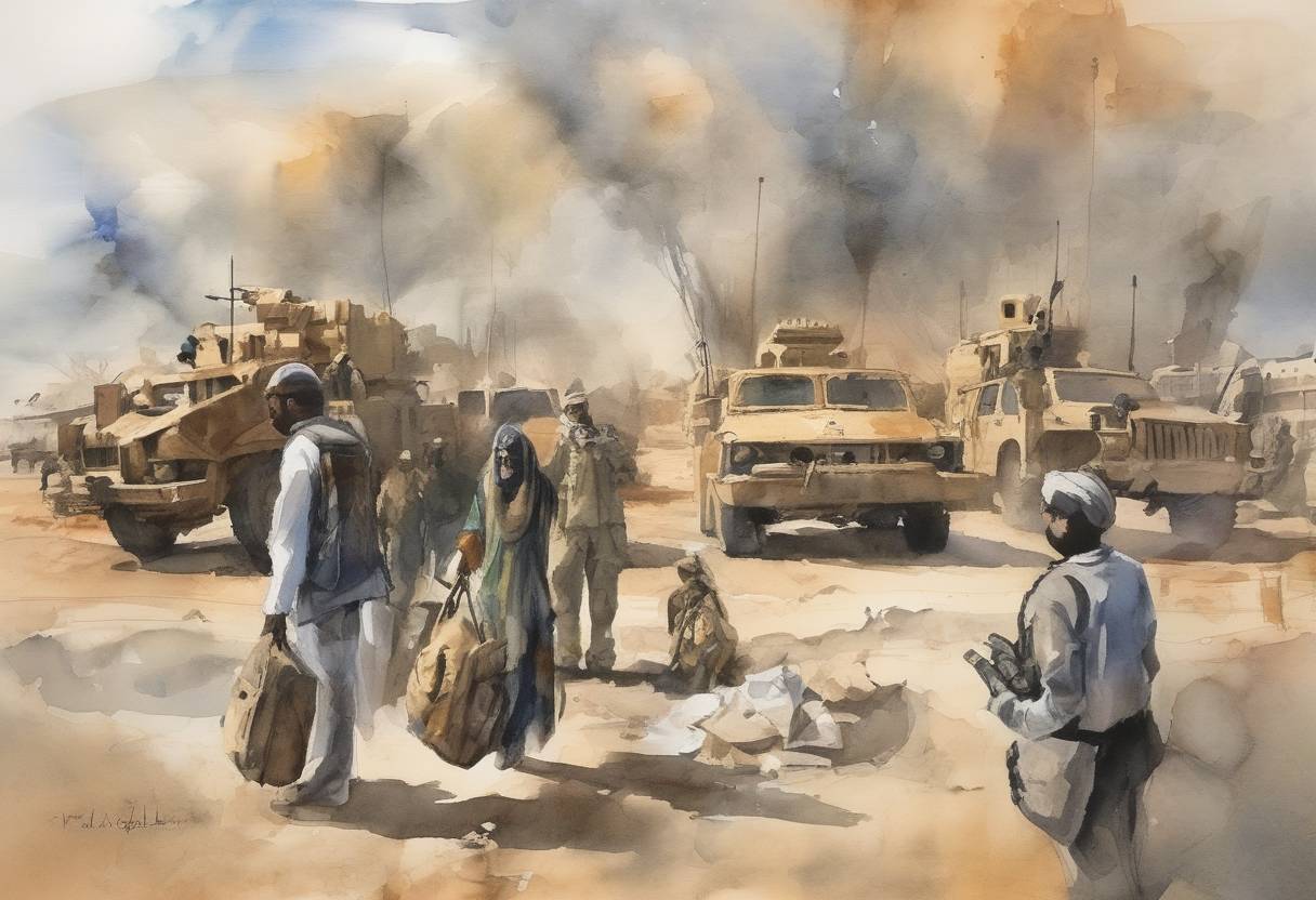 Watercolor painting based depiction of The United States lifts a ban on travel to Libya, signaling a thaw in relations after Libya renounces weapons of mass destruction. (2004)