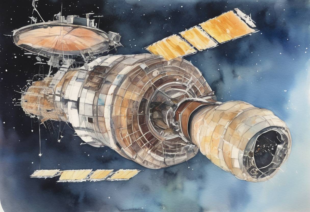 Watercolor painting based depiction of The abandoned U.S. space station Skylab re-entered Earth's atmosphere and disintegrated, with debris falling over the Indian Ocean and sparsely populated areas of Western Australia. (1979)