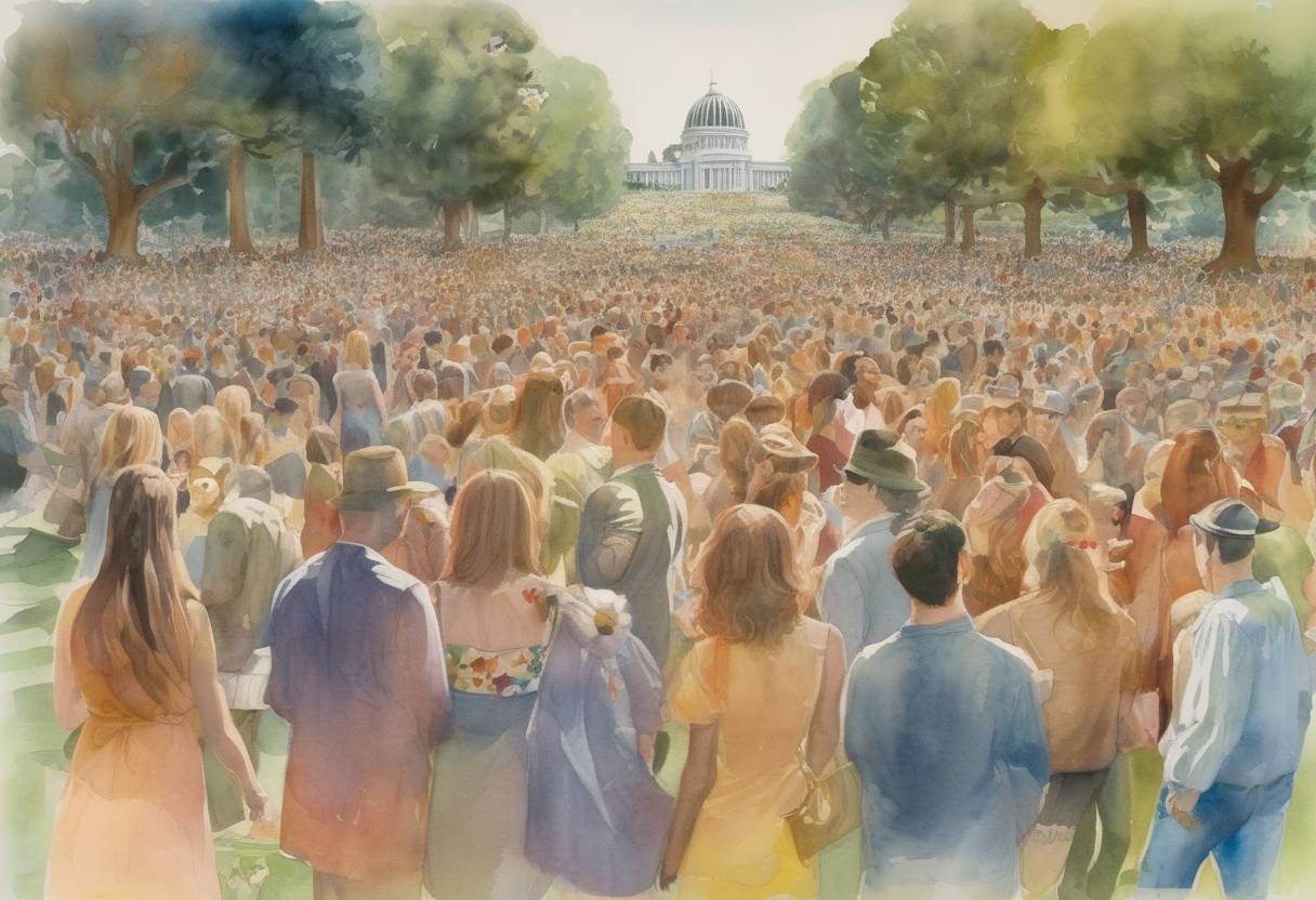 Watercolor painting based depiction of The Human Be-In, a prelude to San Francisco's Summer of Love, takes place in Golden Gate Park, San Francisco. (1967)