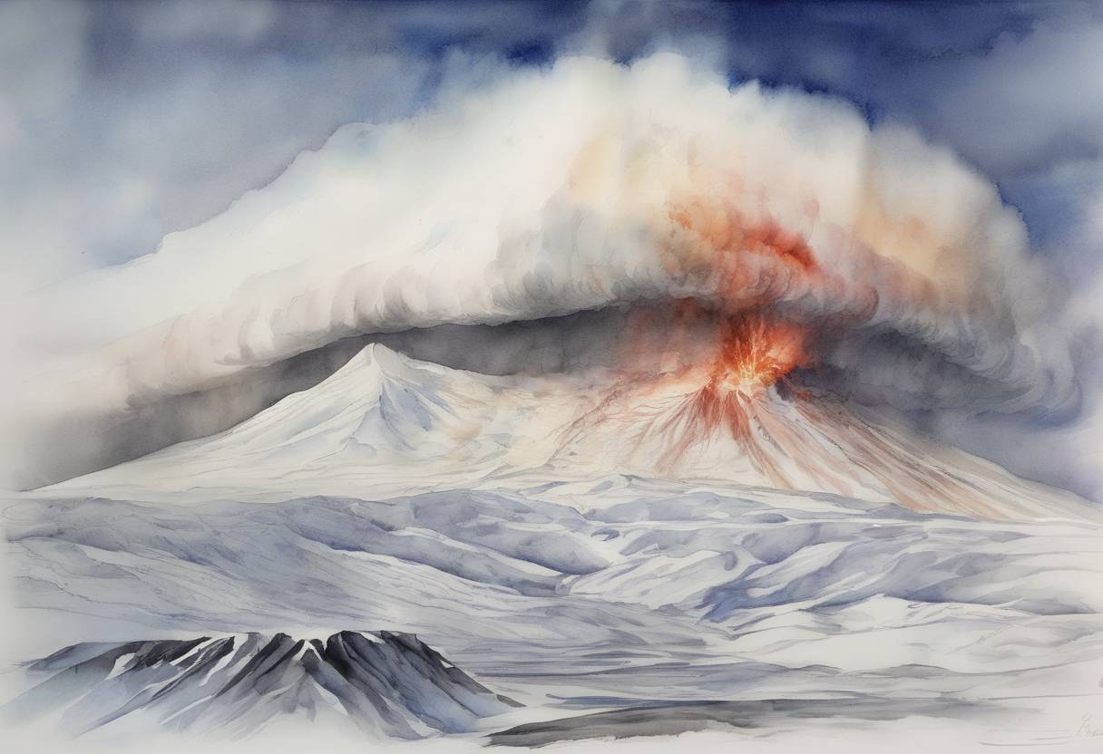 Watercolor painting based depiction of A volcanic eruption began under the Eyjafjallajökull glacier in Iceland, leading to widespread air travel disruption across Europe due to volcanic ash clouds. (2010)