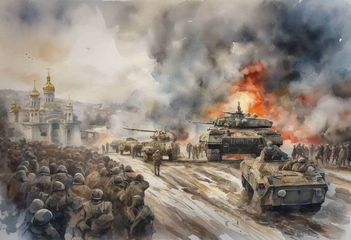 Watercolor painting based depiction of Russia launched a full-scale invasion of Ukraine, marking a significant escalation in the Russo-Ukrainian War. This event led to widespread international condemnation and sanctions against Russia. (2022)