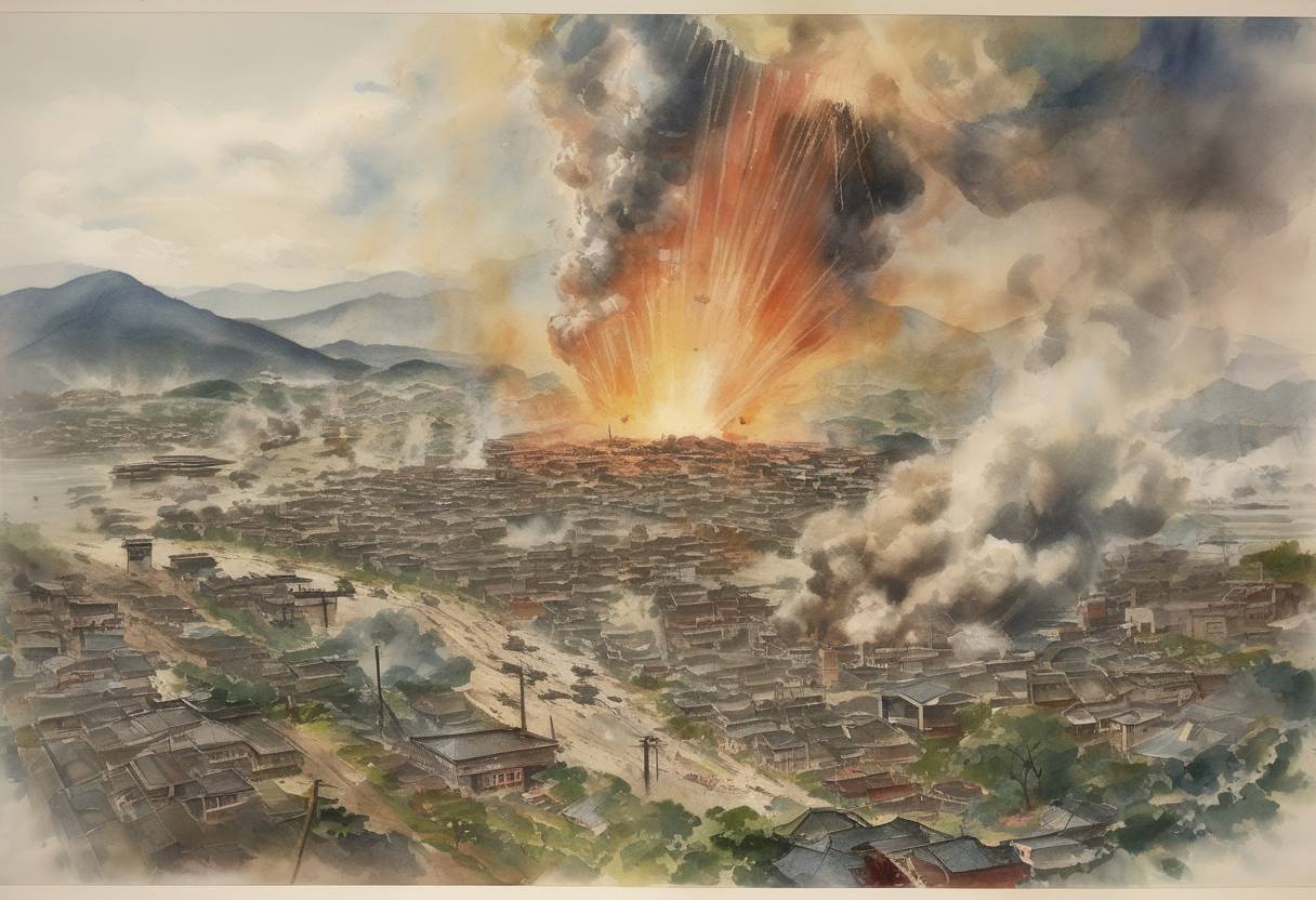 Watercolor painting based depiction of The United States dropped an atomic bomb on Nagasaki, Japan, leading to Japan's surrender in World War II. (1945)