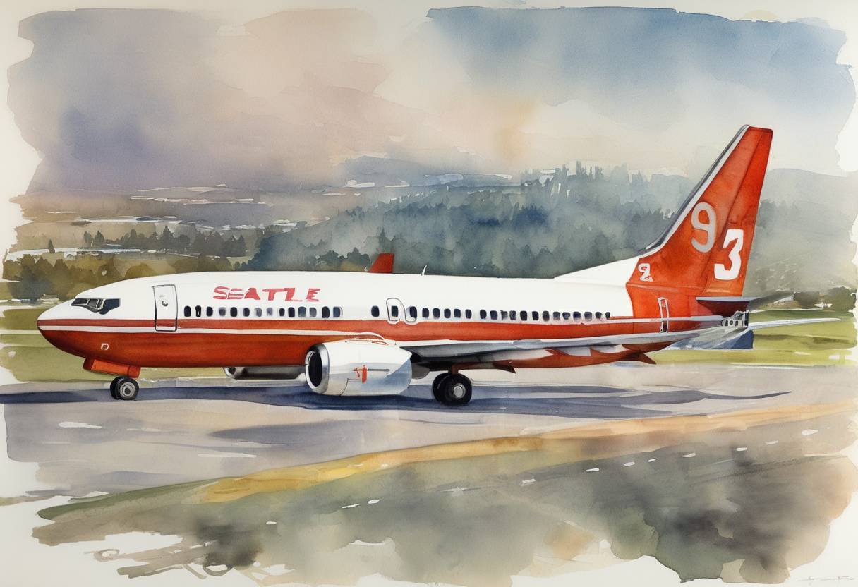 Watercolor painting based depiction of The first Boeing 737 made its maiden flight, marking the beginning of one of the most successful commercial aircraft lines. (1967)