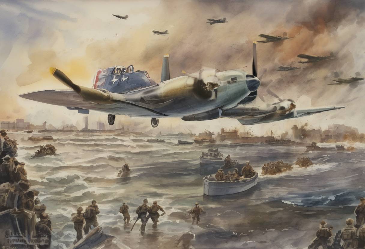 Watercolor painting based depiction of President Franklin D. Roosevelt signed the Lend-Lease Act into law, allowing the U.S. to supply Allied nations with aid and military material during World War II. (1941)