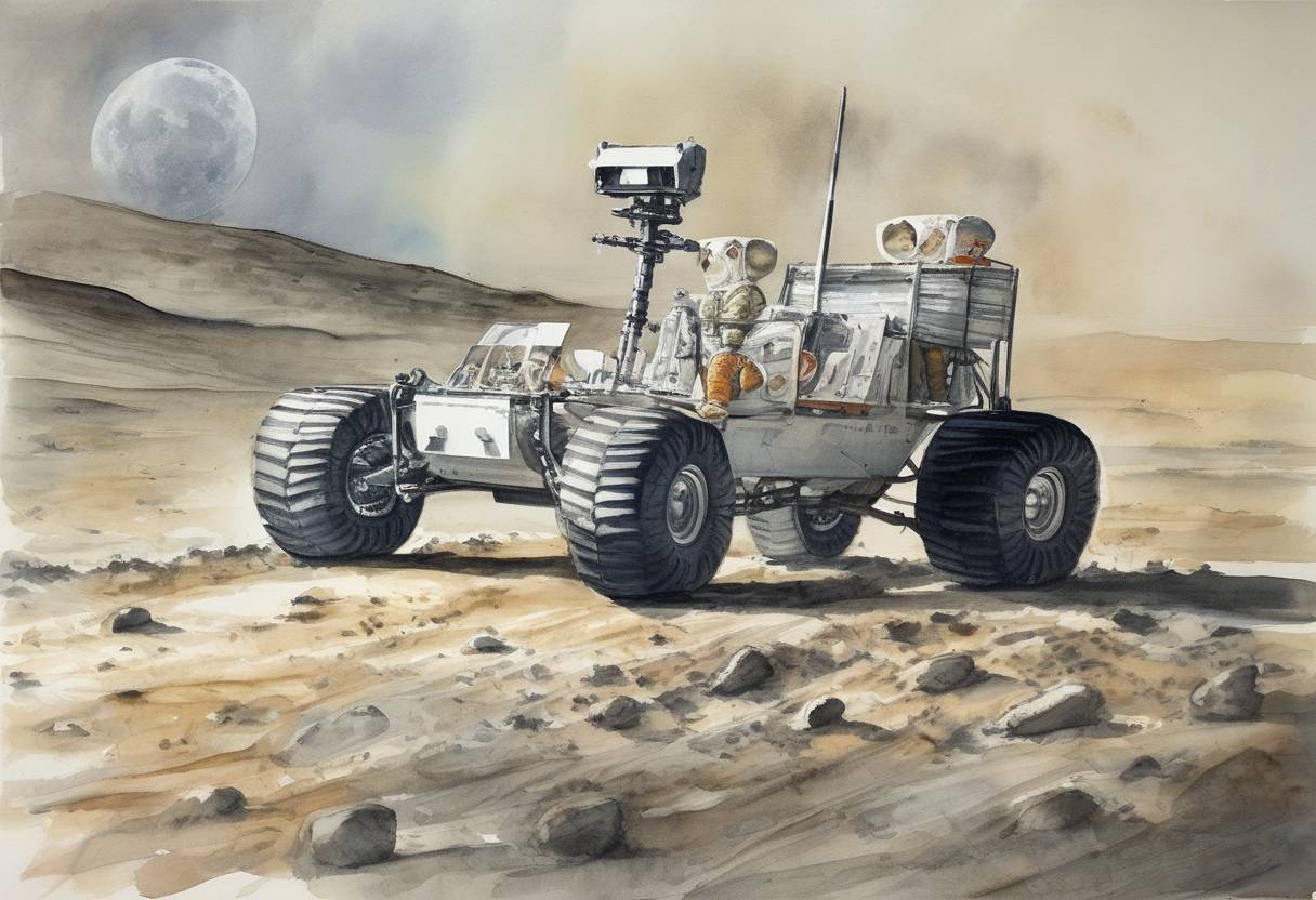 Watercolor painting based depiction of Apollo 15 astronauts David Scott and James Irwin become the first to ride in a lunar rover on the Moon. (1971)