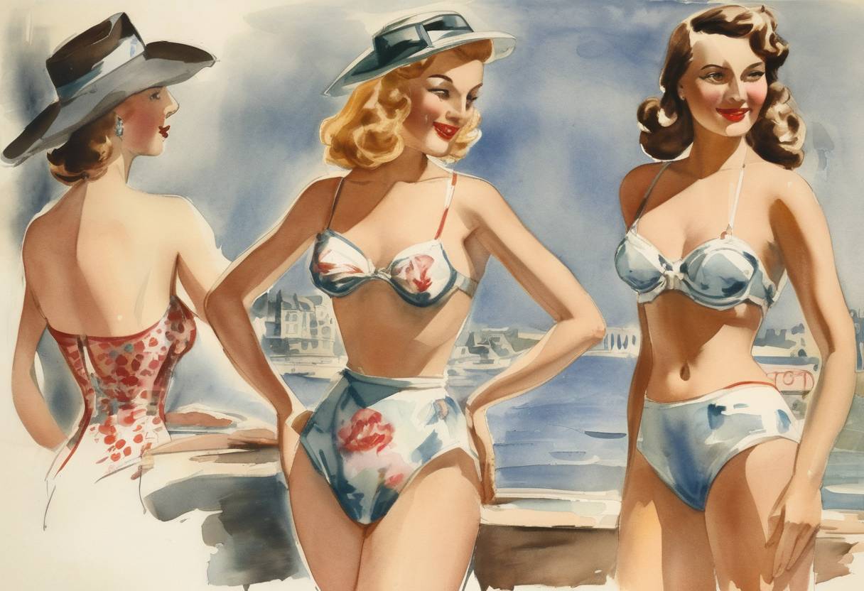Watercolor painting based depiction of The bikini, a modern two-piece swimsuit, was introduced by French designer Louis Réard at a fashion event in Paris. (1946)
