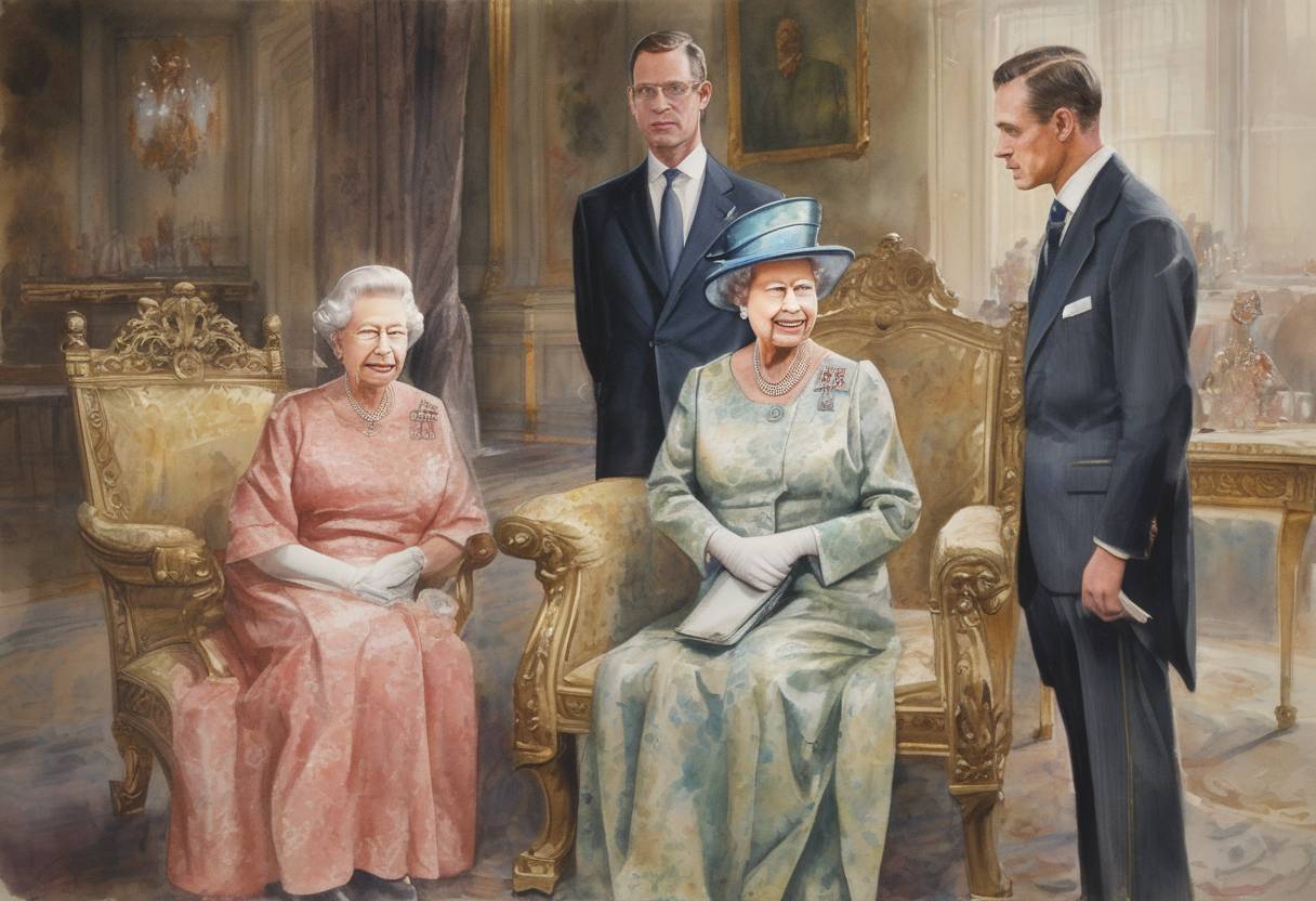 Watercolor painting based depiction of Queen Elizabeth II of the United Kingdom issued an Order-in-Council, stating that she and her family would be known as the House of Windsor, and that her descendants would bear the name Mountbatten-Windsor. (1960)