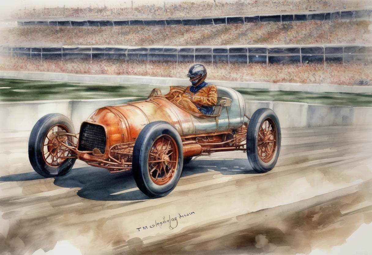 Watercolor painting based depiction of The Indianapolis 500, one of the most prestigious automobile races in the world, was held for the first time at the Indianapolis Motor Speedway. Ray Harroun won the inaugural race. (1911)