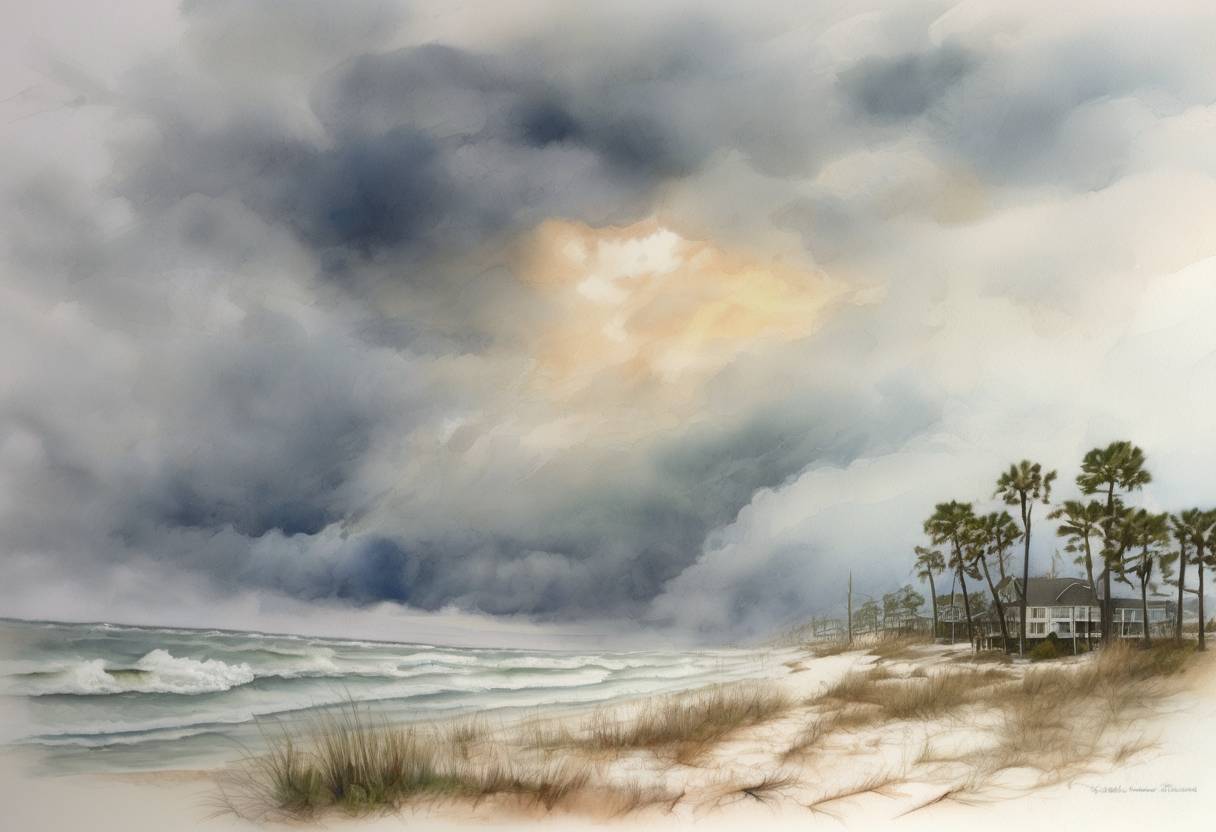 Watercolor painting based depiction of Hurricane Dennis made landfall in the United States, causing significant damage in the Florida Panhandle and Alabama. (2005)