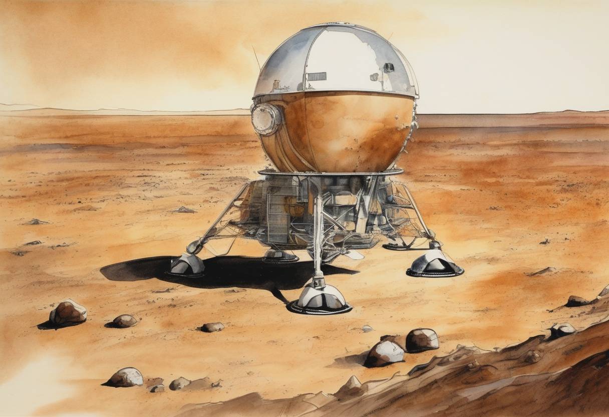 Watercolor painting based depiction of The Viking 1 lander successfully landed on Mars, becoming the first U.S. spacecraft to land on the planet and send back images of the Martian surface. (1976)