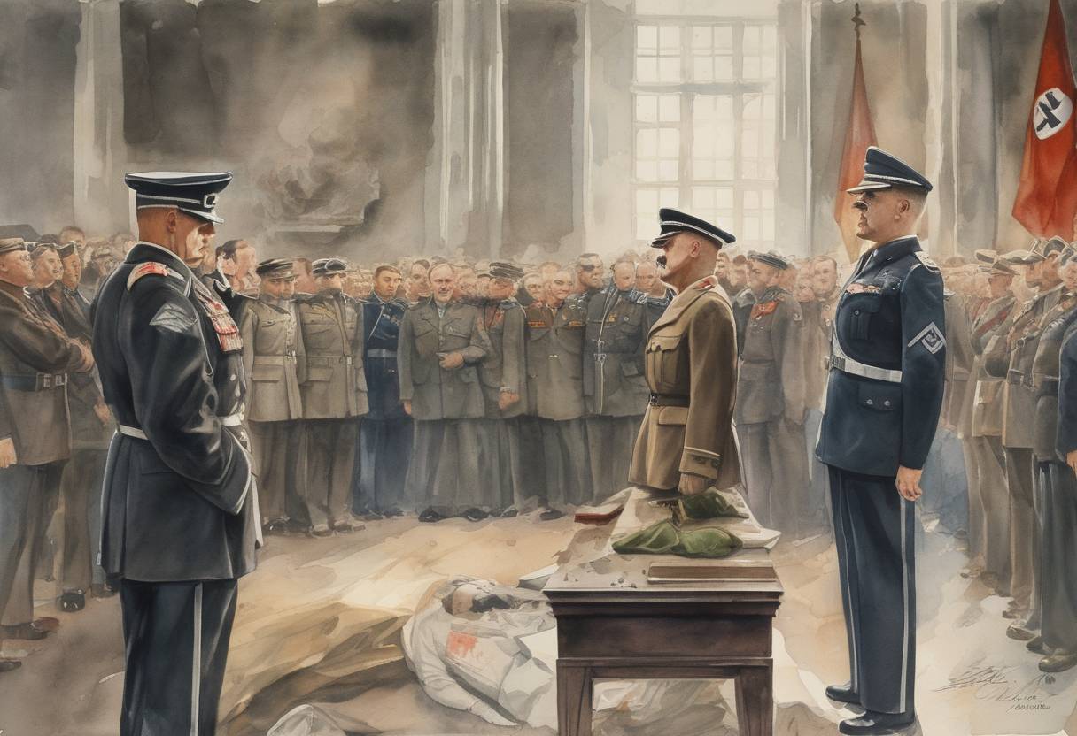 Watercolor painting based depiction of Adolf Hitler's death was announced on German radio, with Grand Admiral Karl Dönitz succeeding him as President of Germany. (1945)