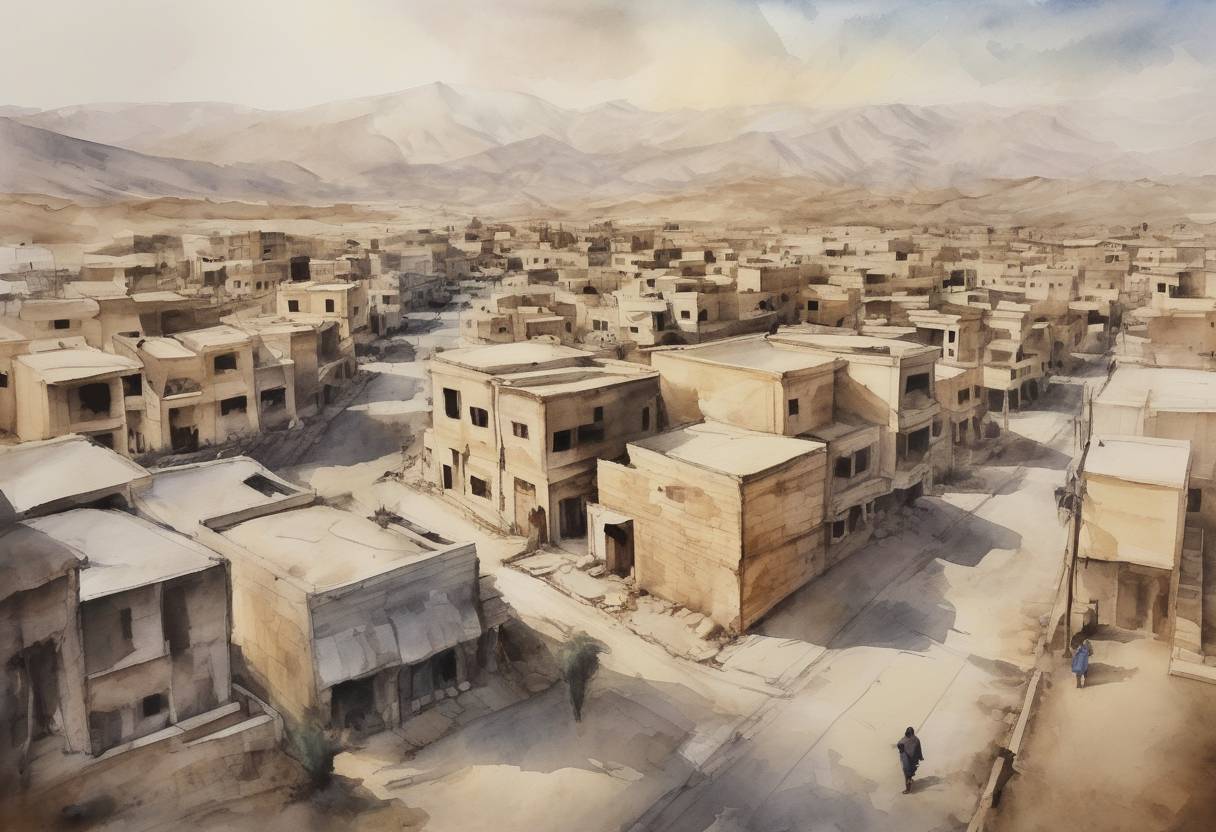 Watercolor painting based depiction of The Islamic State of Iraq and the Levant (ISIL) captures the city of Sinjar in Iraq, leading to a humanitarian crisis for the Yazidi people. (2014)