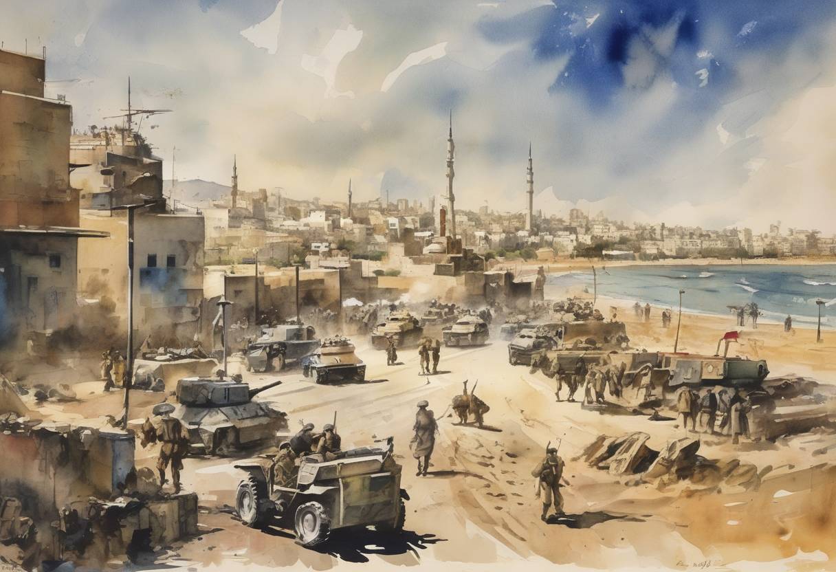 Watercolor painting based depiction of The Arab-Israeli War began following the declaration of the state of Israel, as neighboring Arab states invaded the newly established country. (1948)