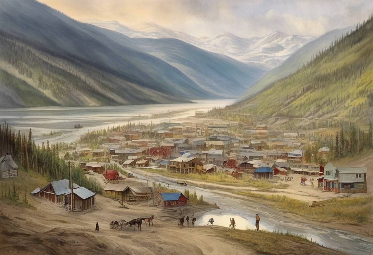 Watercolor painting based depiction of The Yukon Territory was officially formed in Canada, separating it from the Northwest Territories, in response to the Klondike Gold Rush. (1898)