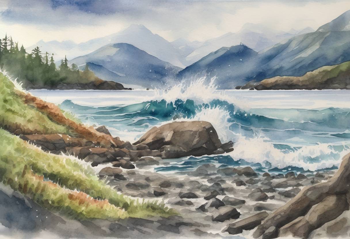 Watercolor painting based depiction of A 7.9 magnitude earthquake struck off the coast of Alaska, prompting a tsunami warning that was later canceled without any significant damage reported. (2018)