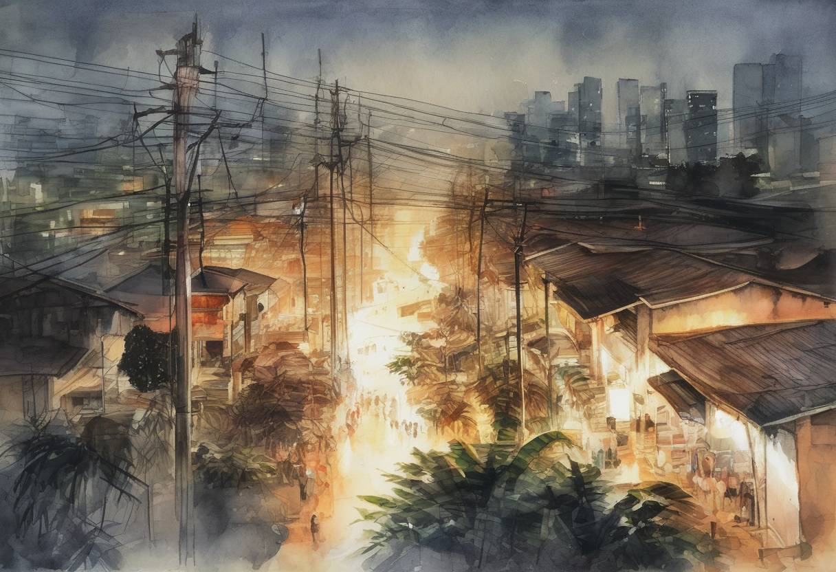 Watercolor painting based depiction of Massive power outage in Indonesia affects over 100 million people, making it one of the largest blackouts in history. (2005)