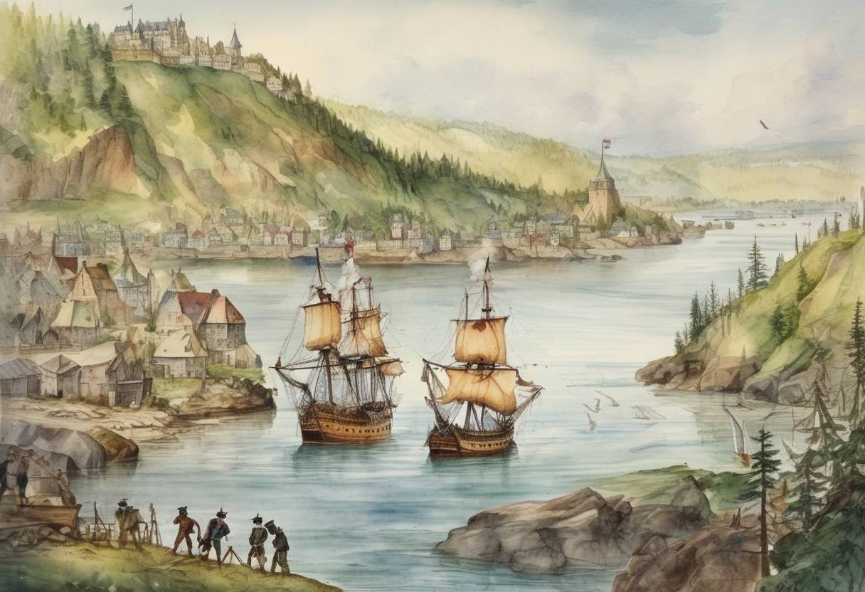 Watercolor painting based depiction of French explorer Jacques Cartier landed near Quebec City in his third voyage to Canada. (1541)