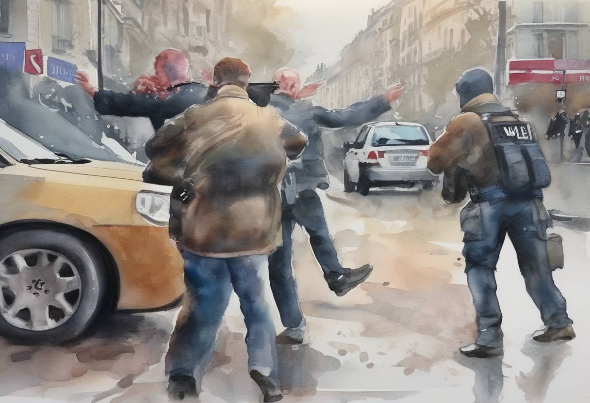 Watercolor painting based depiction of The Charlie Hebdo shooting in Paris, France, concluded with the death of the two gunmen, who had attacked the satirical magazine's office two days earlier. (2015)