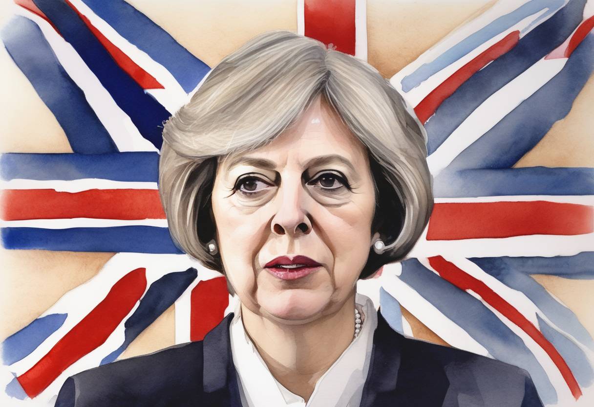 Watercolor painting based depiction of British Prime Minister Theresa May announces her resignation as leader of the Conservative Party, effective June 7, amid Brexit negotiations. (2019)