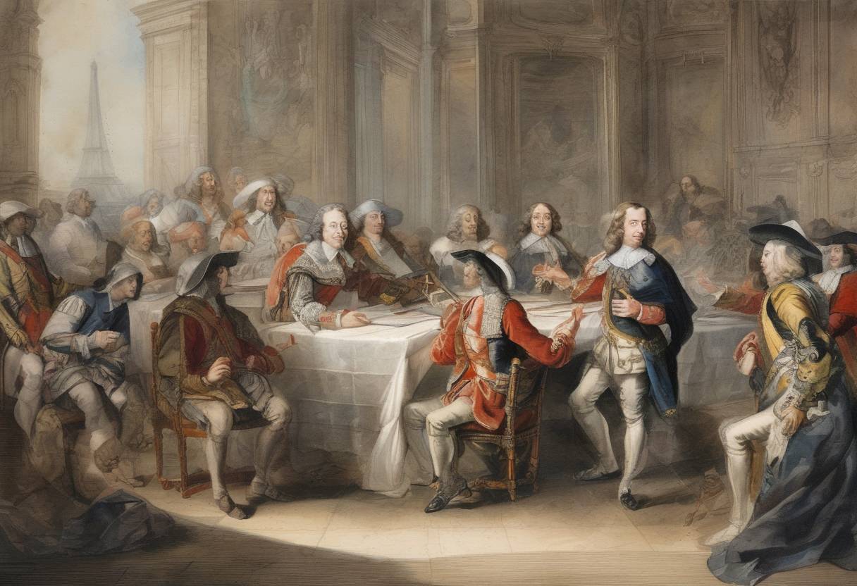 Watercolor painting based depiction of The Treaty of Paris is signed, ending the Anglo-Spanish War (1654–1660) between France and Spain. (1657)