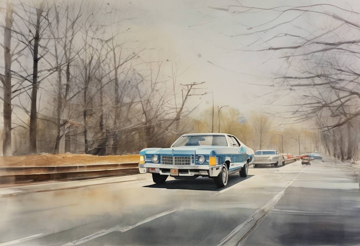 Watercolor painting based depiction of President Richard Nixon signed a bill lowering the maximum U.S. speed limit to 55 MPH as an energy conservation measure. (1974)